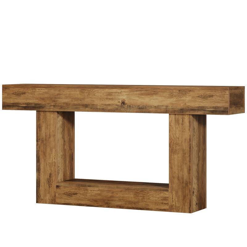 63" Farmhouse 2-Tier Rustic Console Table with Storage Shelf & U-Shaped Gray Base