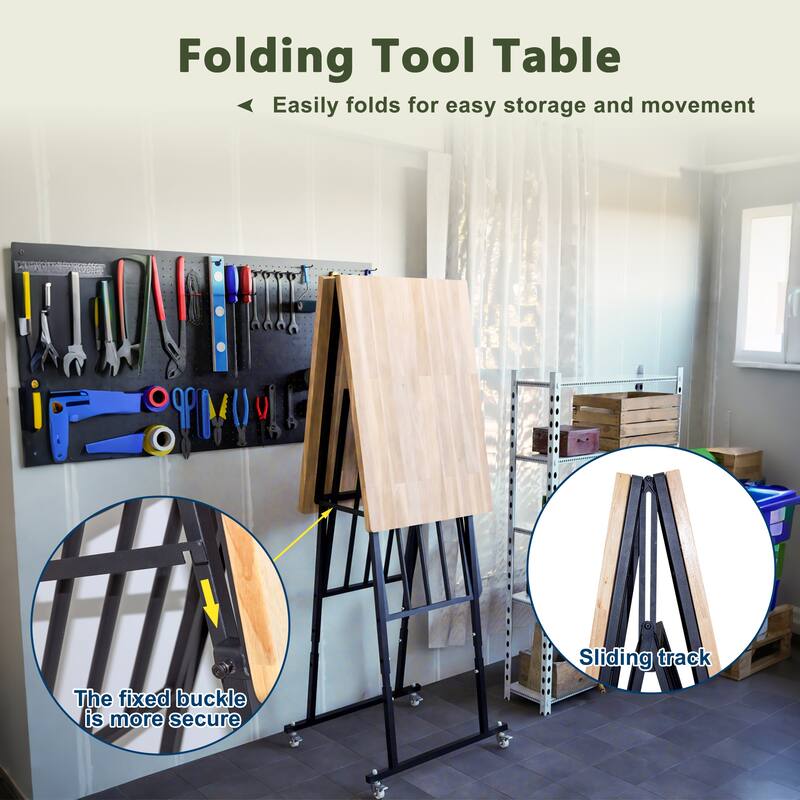 SmartFold Heavy-Duty Folding Butcher-Block Workbench- Portable Wood-Top Utility Table w/ Locking Casters