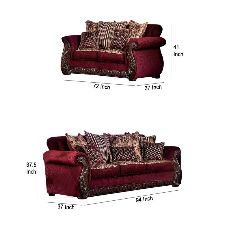 Nadira 2pc Sofa Loveseat Set, Wine Red Faux Leather, Gold, 5 Pillows