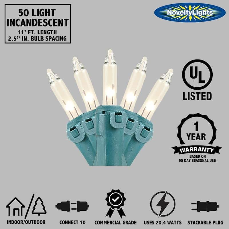 50 Light Christmas Mini Light Set, Green Wire, 11' Long
