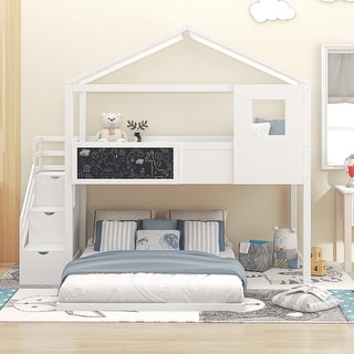 Twin Over Full House Bunk Bed with Storage Staircase and Blackboard
