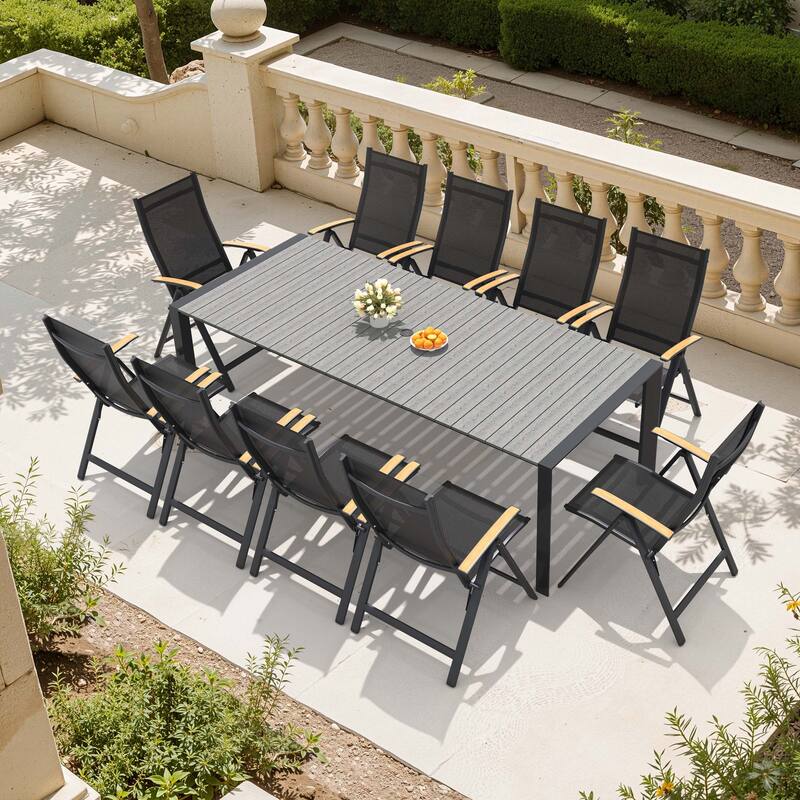 7/9/11-Piece Outdoor Dining Set Patio Aluminum Dining Table and Adjustable Folding Chairs - Grey - Set of 11