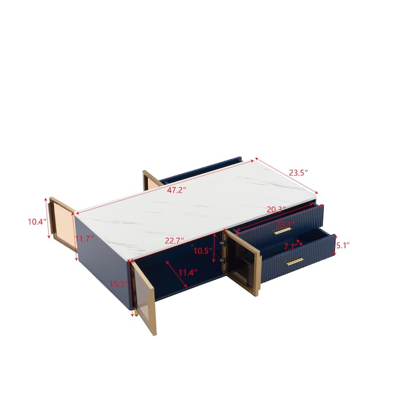 Modern 47.2" Coffee Table with 2 Glass Door Storage, 4 Drawers, Wooden Decorative Cocktail Table with Gold Metal Legs