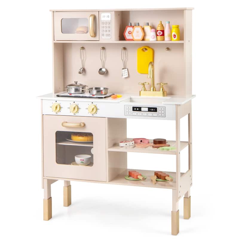 Gymax Height Adjustable Play Kitchen Wooden Kitchen Playset w/ Real