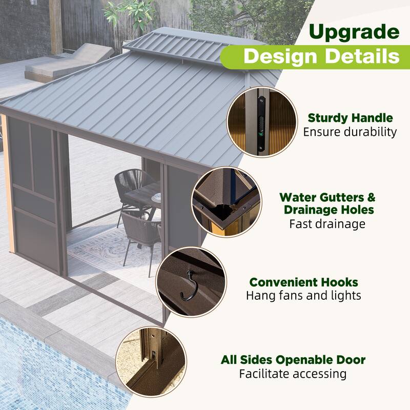 Erommy Outdoor Solarium Sunroom, Patio Hardtop Gazebo, Aluminum Frame Permanent Gazebo with Sliding Doors and Screens