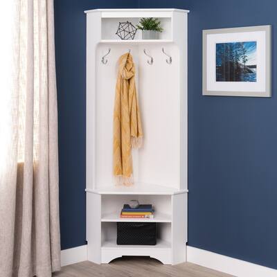 Prepac White Corner Hall Tree: Multifunctional Corner Clothes Rack with Corner Shoe Shelf - Space-Saving Corner Solution