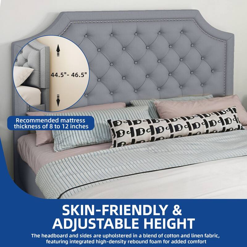 Moasis Linen Upholstered Platform Bed Velvet Bed Frame with Adjustable Headboard