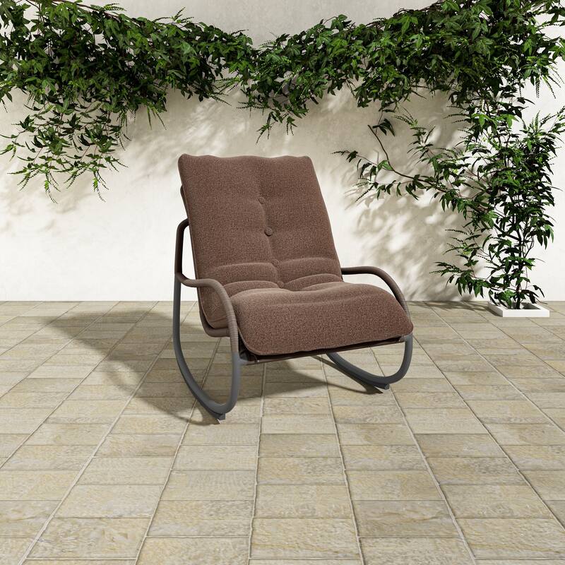 NADAAL STUDIOS Torven Outdoor Rocking Chair, Woven Synthetic Wicker, Aluminium Frame, Brown Cushion, Brown