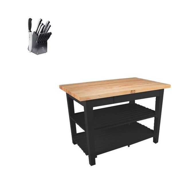 John Boos Oak 36x25 Butcher Block w/ 2 Shelves & Henckels Knife Set