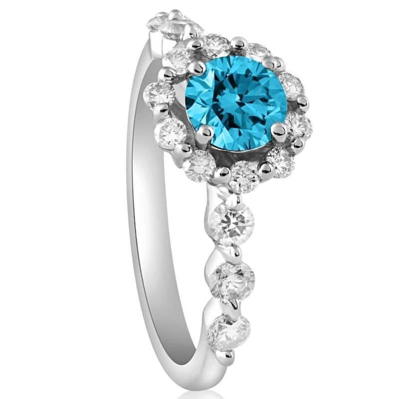 VS 1 1/2Ct Blue & White Diamond Halo Engagement Ring in 10k White Gold
