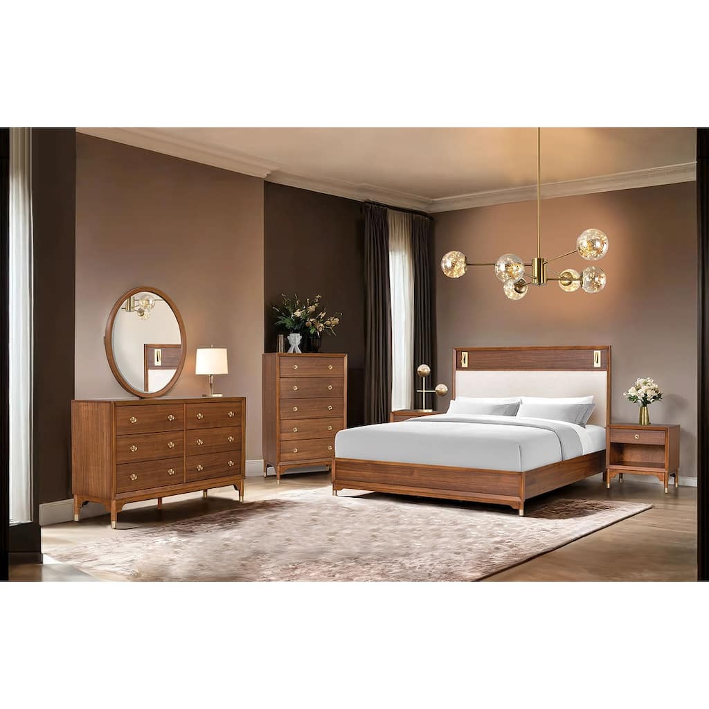 Bedroom Set Walnut Finish Contemporary Bed Nightstand Dresser Mirror Chest