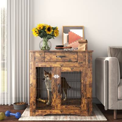 Furniture Style Dog Crate and Table with Drawer, Pet Kennels with Double Doors(Brown)