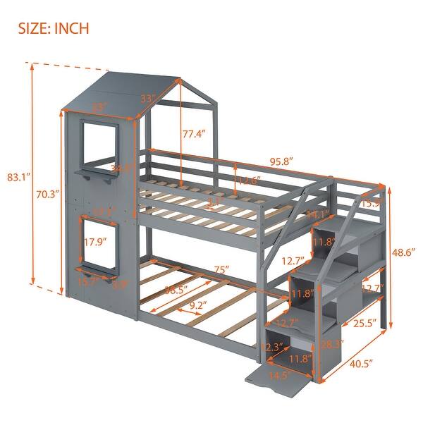Twin Over Twin Bunk Bed Double Wood Bed with Storage Stairs - Bed Bath ...
