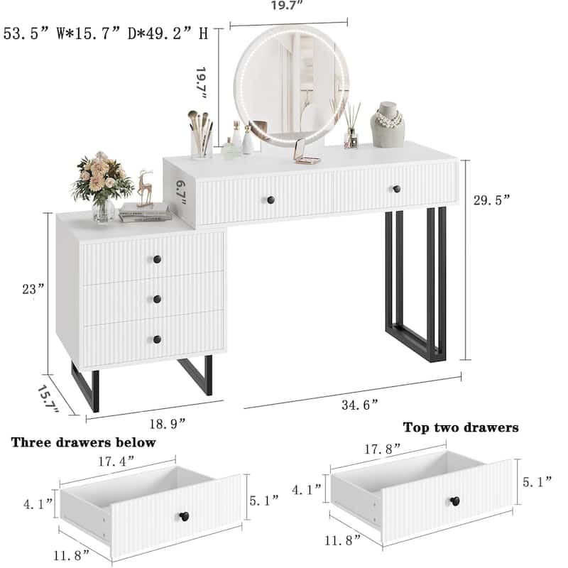 Vanity Desk with Mirror and Lights,Makeup Vanity with 5 Drawers, Modern Makeup Vanity Organizer with 3 Color Lights