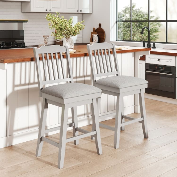 Grey Counter Bar Stools Set of 2 with 360 Swivel Padded Cushions, Rubber Wood Frame and Footrests - 18.5" x 22.5" x 42"