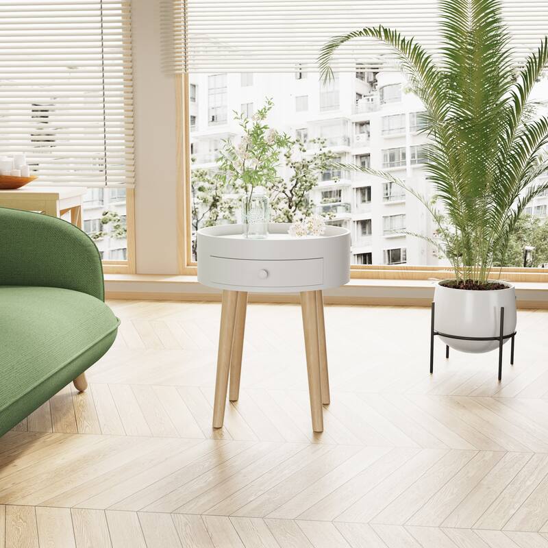 Anmytek Oak Legs Nightstand with Storage Drawer Bedside Side Table Bedroom Living Room