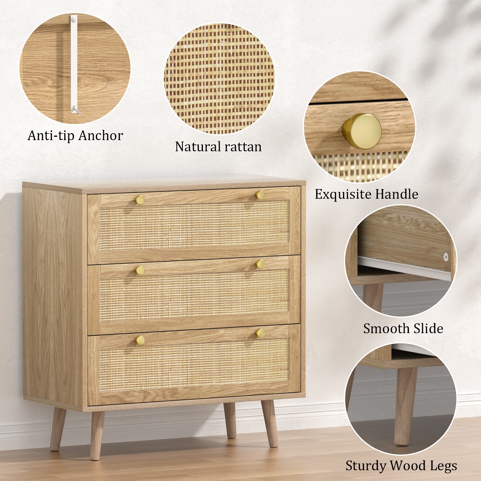 3-Drawer Rattan Dresser Modern Boho Chest of Drawers with Spacious Storage for Bedroom - On Sale - Bed Bath & Beyond
