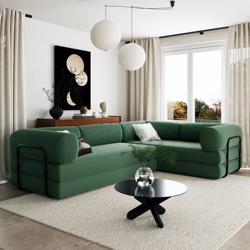 107" L-Shaped Convertible Modular Sofa with Iron Frame Support, Corduroy Upholstered Sectional Sleeper Couch for Living Room