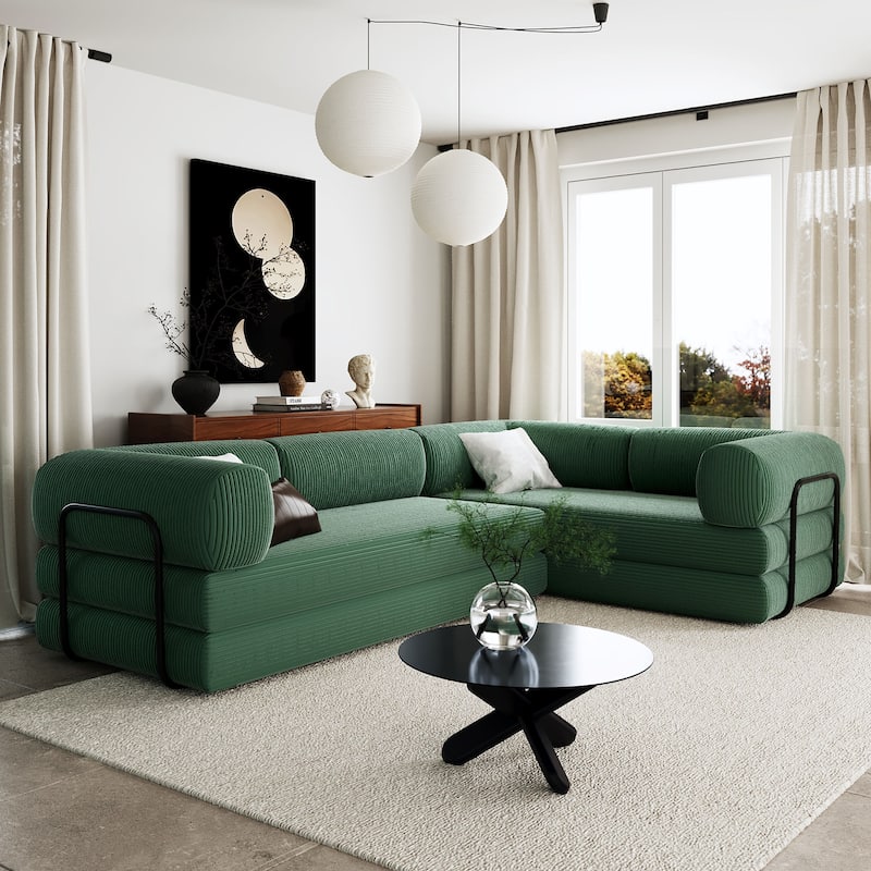 Roomfitters Modern L-Shaped Modular Sofa Bed, Corduroy Convertible Sleeper Sectional Couch with Industrial Metal Frame - Green