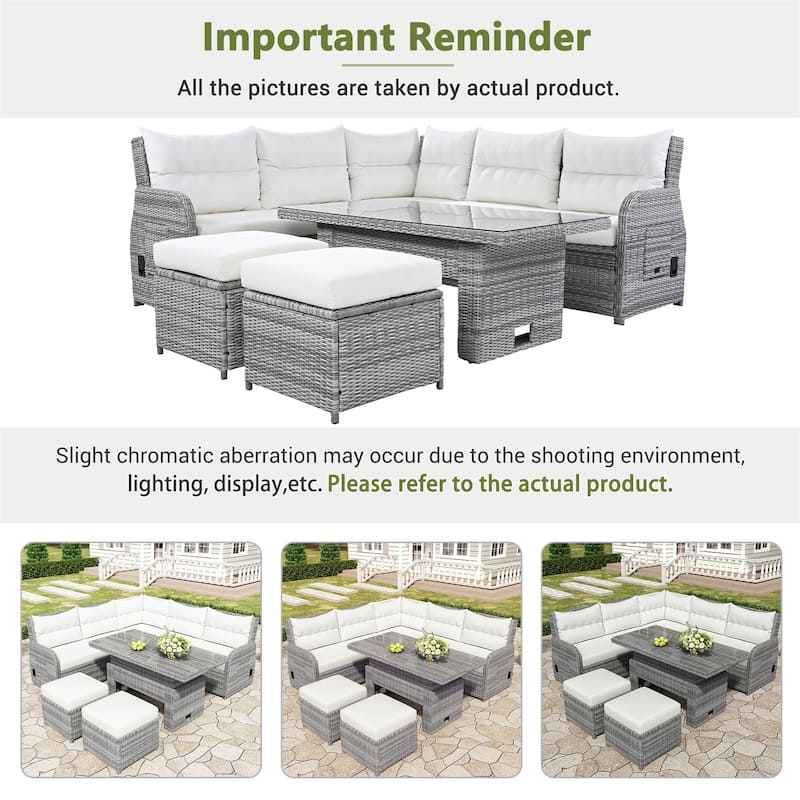 Patio Rattan Furniture Set with an Adjustable Table, Recliners with Extendable Side Tables, and Two Ottomans.