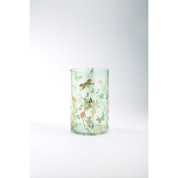 9.5" Green and Orange Cylindrical Hand Blown Glass Vase with Multi Colored Floral Pattern - N/A