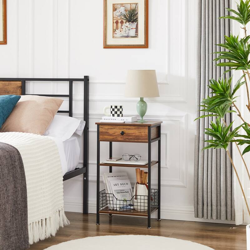 27.5" Tall Nightstand with 1-Drawer and Open Storage Shelf, Metal Frame and Fence Sofa End Table (Set of 2)