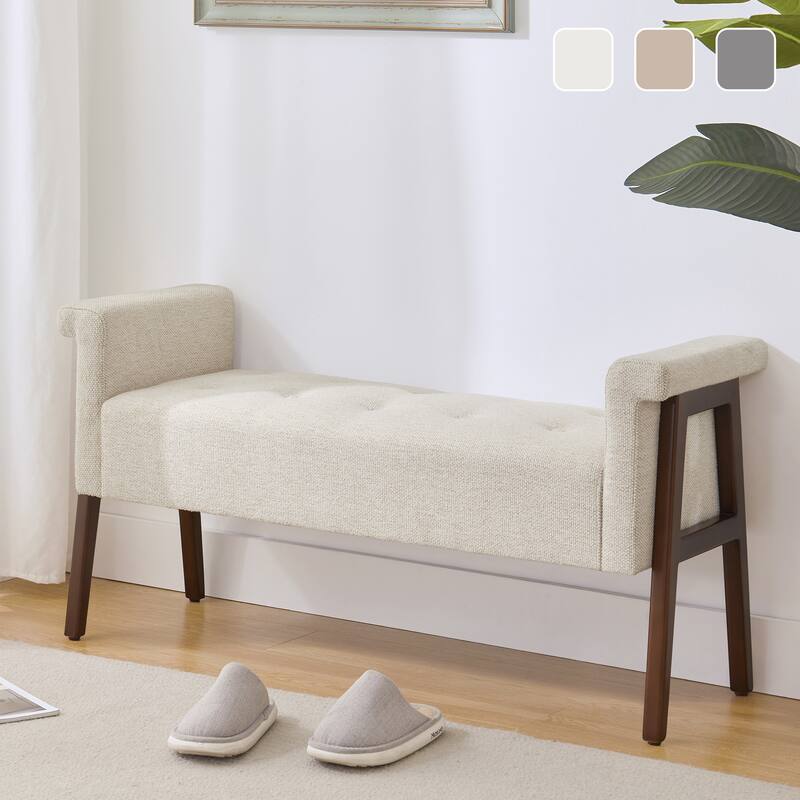 Modern Fabric Upholstered Entryway Storage Bench with Wooden Legs and Armrests