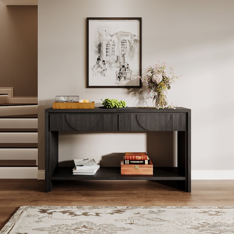 Farmhouse Style Console Table - 55.12" Long Distressed Wood Sofa Table with Storage Drawers & Open Shelf