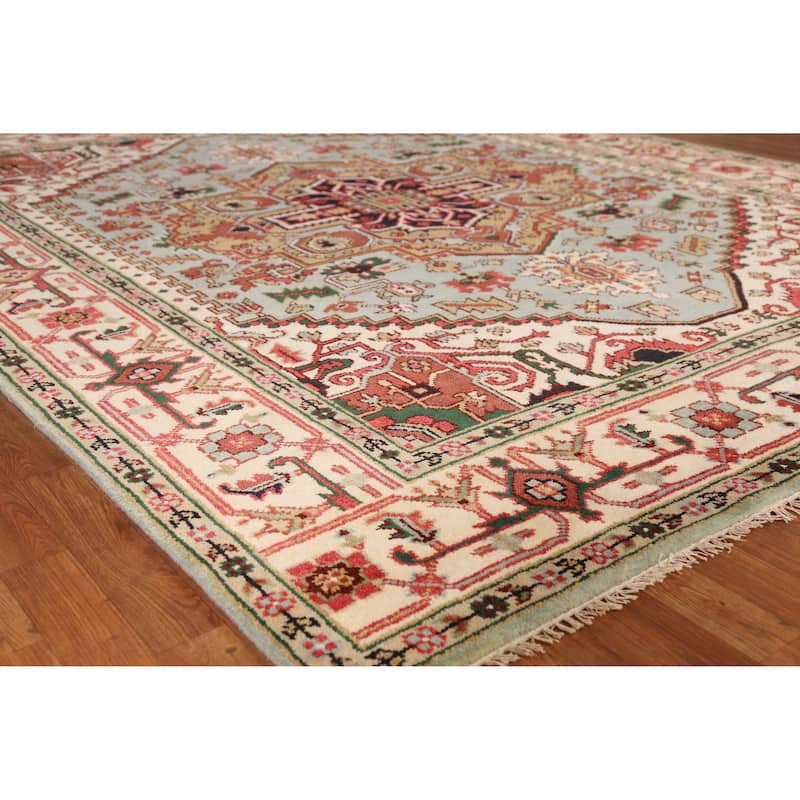 Light Blue Medallion Heriz Serapi Indian Rug Hand-Knotted Wool Carpet - 7'11" x 9'10" - 7'11" x 9'10" - Blue