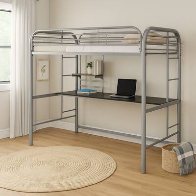 Metal Frame Twin Size Loft Bed with 2 Attached Ladders, Silver