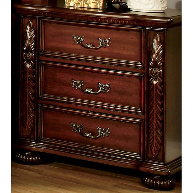 Traditional 1pc Nightstand Solid wood 3-Drawers Bedside Table Pewter Hanging Pull Grand Design Bedroom Furniture - Brown