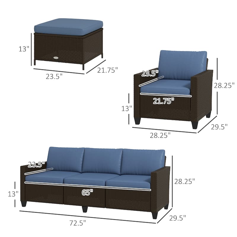 Outsunny 5 Piece Patio Furniture Set with Cushions, Outdoor Conversation Set with Rattan Three-Seater Sofa, Chairs & Footstools