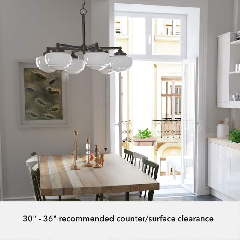 Hunter Saddle Creek Contemporary Schoolhouse Chandelier - Clear or White Glass Globes - Entry, Dining Room, Kitchen Table