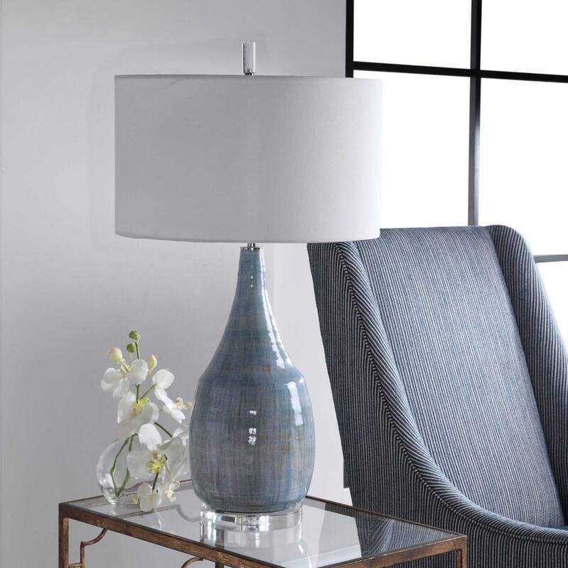 Coastal Style Crackle Glaze Table Lamp with White Drum Shade - 30.5" - Aqua Blue