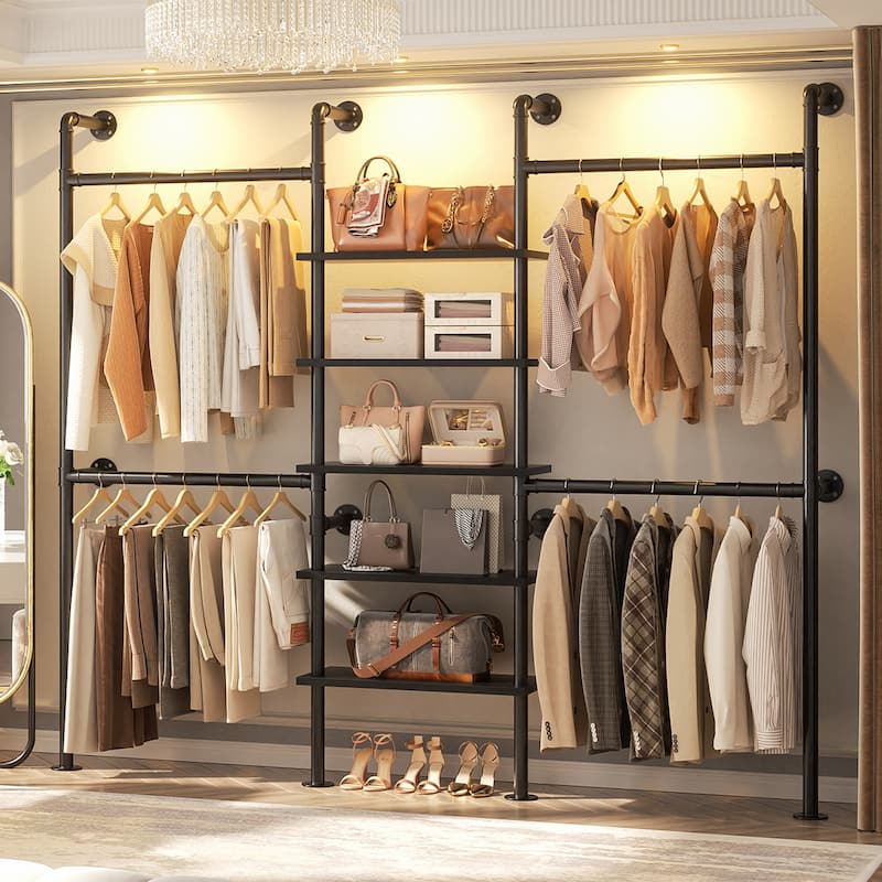 77'' Industrial Pipe Clothing Rack with 5-Tier Shelves, Reversible Closet Organizer System Garment Racks for Hanging Clothes - Black