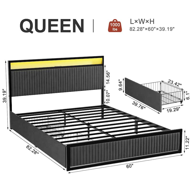 Hausource Queen Size Upholstered Bed Frame with LED Headboard, 2 Drawers, Charging Station, Beige