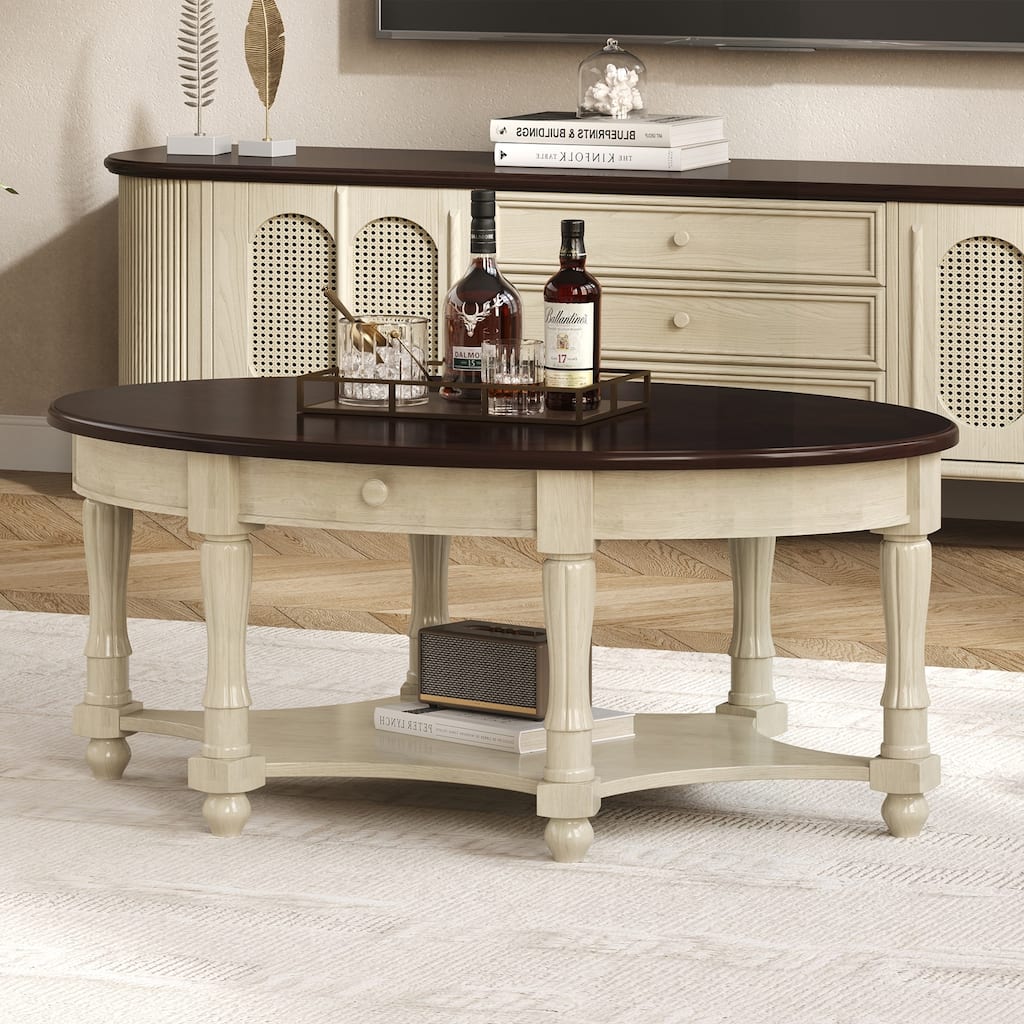 Vintage Oval Coffee Table with Multiple Storage Options and Sturdy Construction