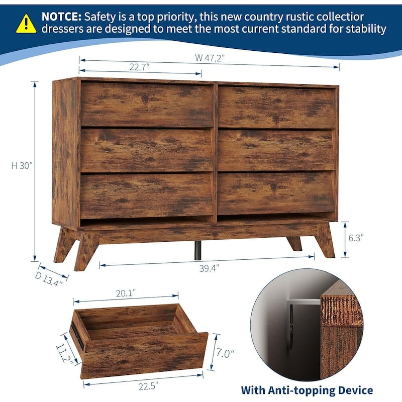 Vintage 6 Drawer Dresser TV Stand for Bedroom, Living Room