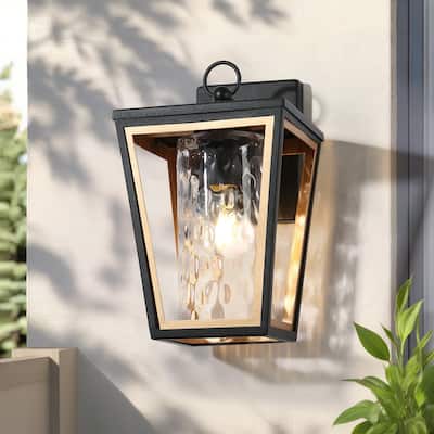 Modern Farmhouse 1-Light Black Gold Outdoor Wall Sconce Water Rippled Glass Porch Lantern - 7" Wx8" Dx12" H