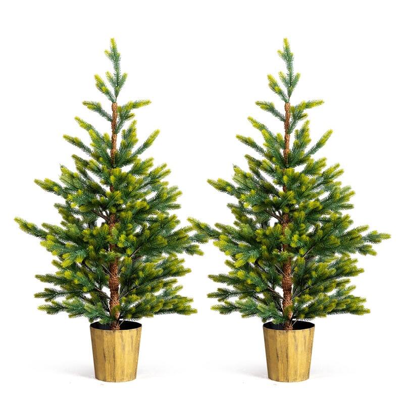 2 Pack 4 FT Dual Tone Artificial Christmas Tree with Pot Stand, Potted Xmas Pine Tree with 119 Branch Tips for Holiday Party
