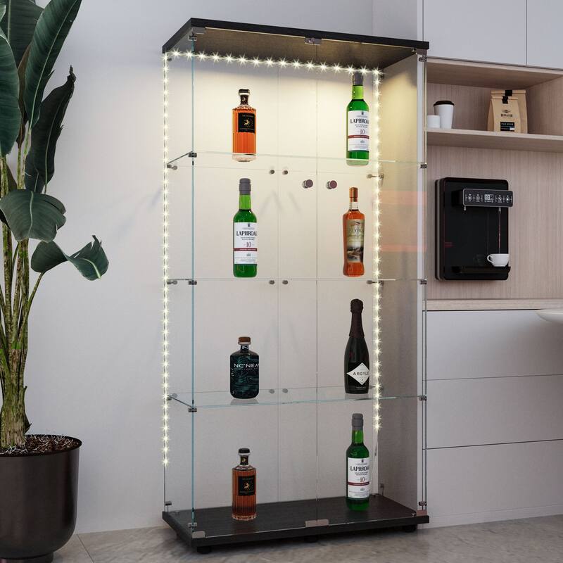 Tempered glass display cabinet, storage cabinet,file cabinet,with Bluetooth LED light strip,lock on the door,equipped with cast
