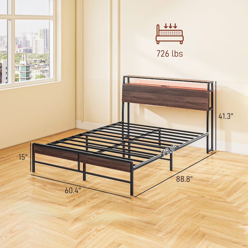 Queen Bed Frame with LED Lights, Charging Station, 3-Tier Storage Shelf, Steel Slats, No Box Spring Needed