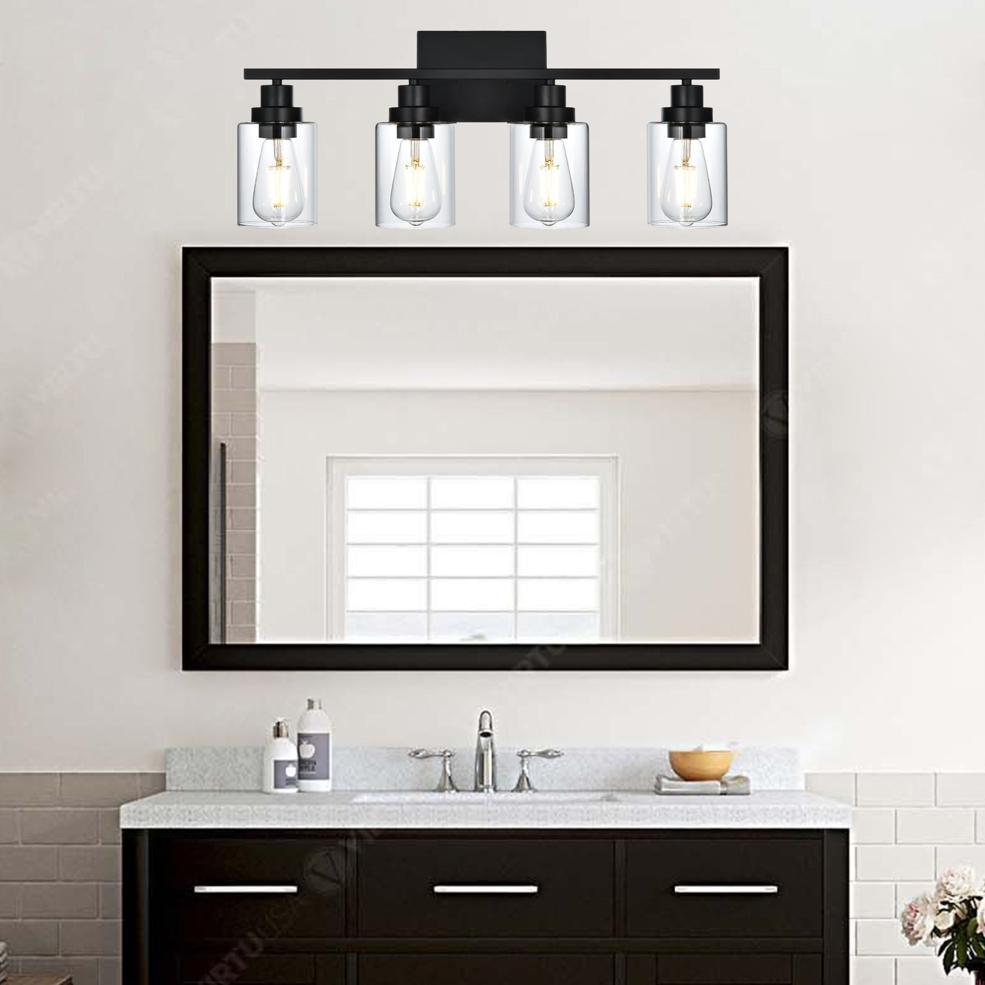 4-Light Wall Light Black Bathroom Vanity Lights, E26 Modern Bathroom Light Fixtures with Clear Glass Shade, Sconces Wall Lights