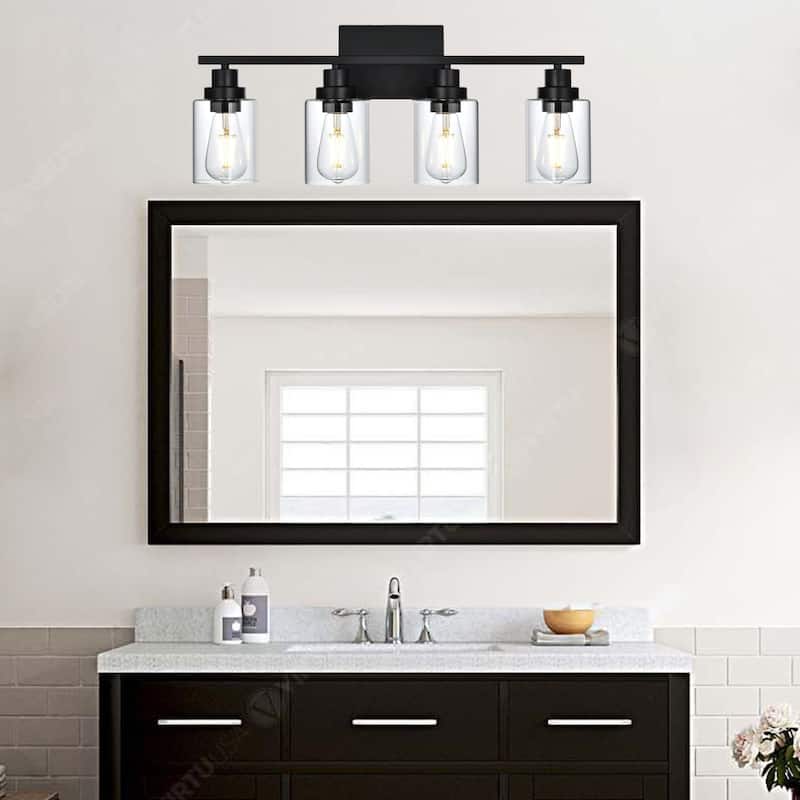 4-Light Wall Light Black Bathroom Vanity Lights, E26 Modern Bathroom Light Fixtures with Clear Glass Shade, Sconces Wall Lights - Black
