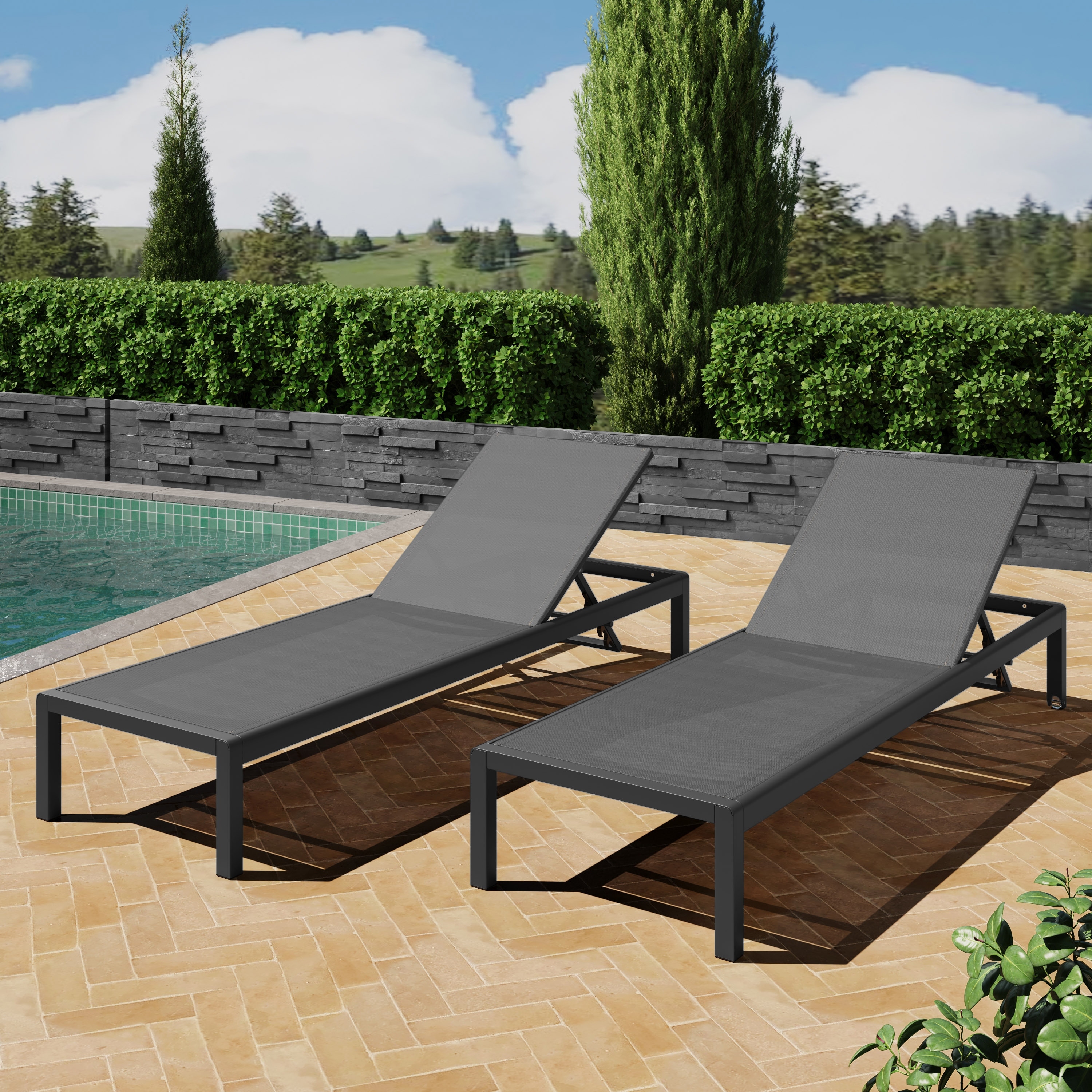 Outdoor Chaise Lounge Chair Set of 2 for Patio Pool Beach, Adjustable Reclining Sun Lounger with 4-Position Backrest & Wheels