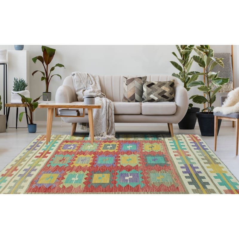 Sun Faded Flatweave Nanyamka Red/Ivory Rug - 6'7" x 10'0"