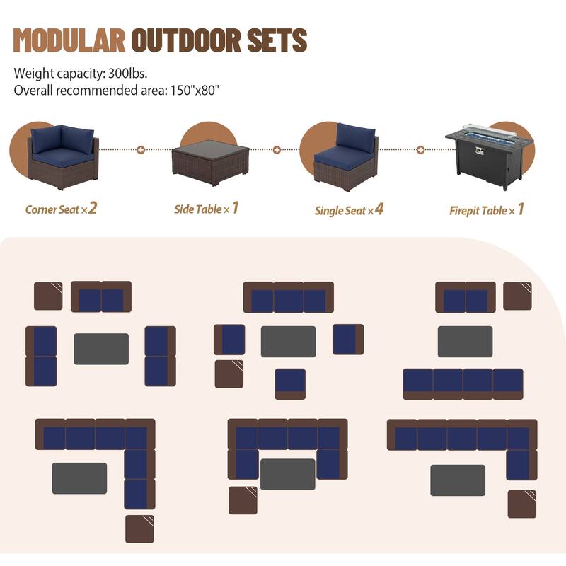Outdoor Wicker Sectional Sofa 8-Piece Set with Fire Pit Table
