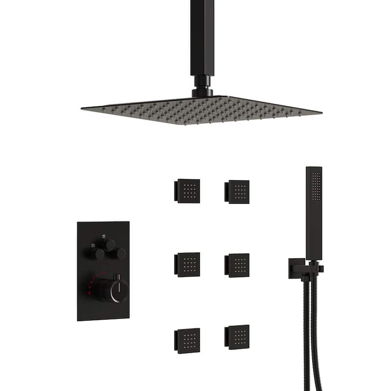 Shower System 12" Ceiling Rain Shower Head with 3-Way Thermostatic Faucet & Body Jets - Matte Black