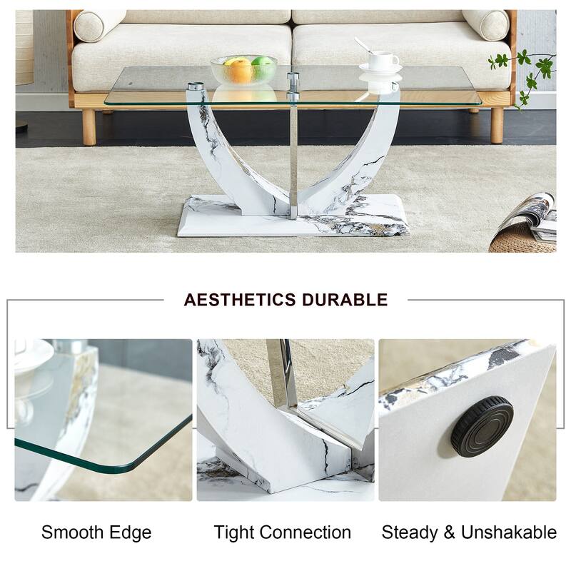 Roomfitters Glass Coffee Table with Marble Pattern MDF Legs and Steel Columns, Modern Gaming or Office Desk, White Marble