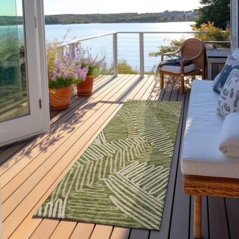 Machine Washable Indoor/ Outdoor Chantille Contemporary Squiggles Rug - Olive - 2'3" x 7'6"